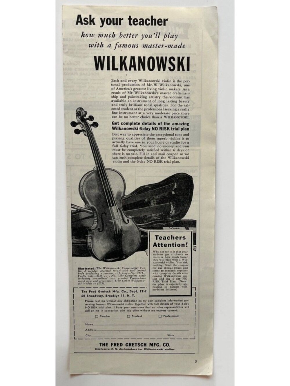 Wilkanowski Conservatory Violin Vintage Print Ad 1950s Fred Gretsch Mfg Co